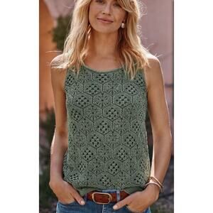 J. Jill Stonewashed Crochet-Pattern Tank Womens Large Light Ivy Cotton Beachy